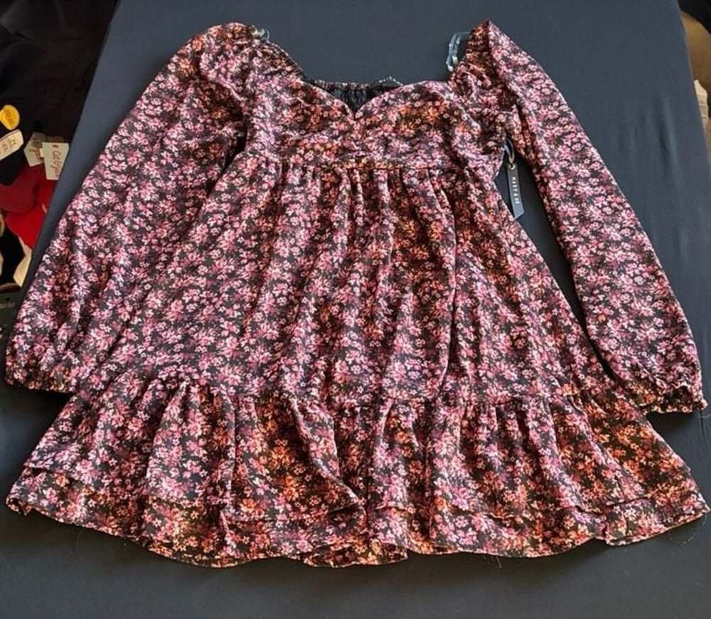 Mary & Mo Floral Long Sleeve Ruffle Hem Mini Dress